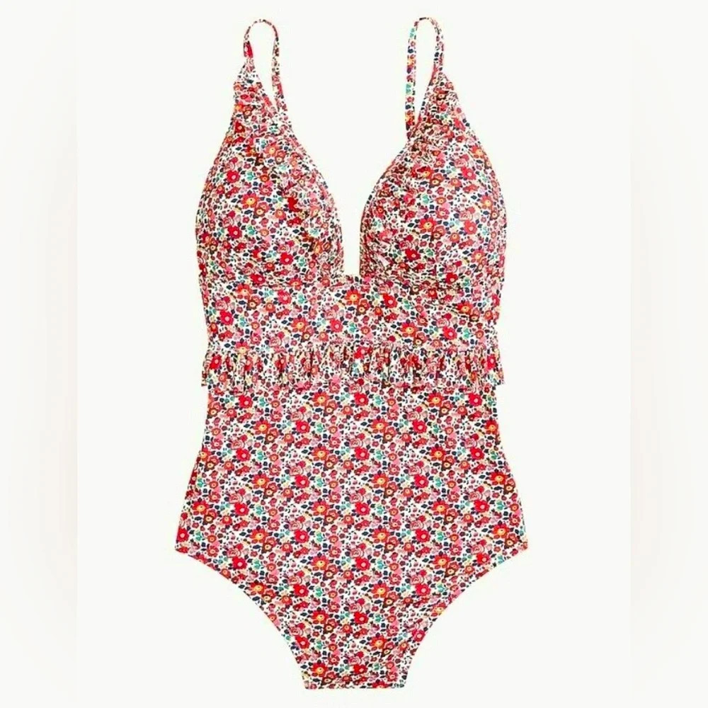 J. Crew Floral One Piece Swimsuit - Red and White